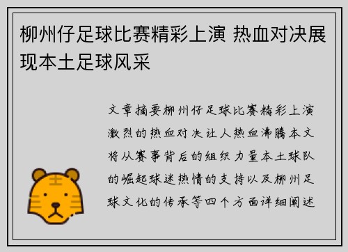 柳州仔足球比赛精彩上演 热血对决展现本土足球风采