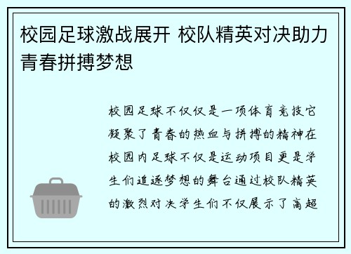 校园足球激战展开 校队精英对决助力青春拼搏梦想