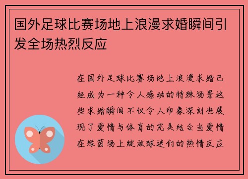 国外足球比赛场地上浪漫求婚瞬间引发全场热烈反应