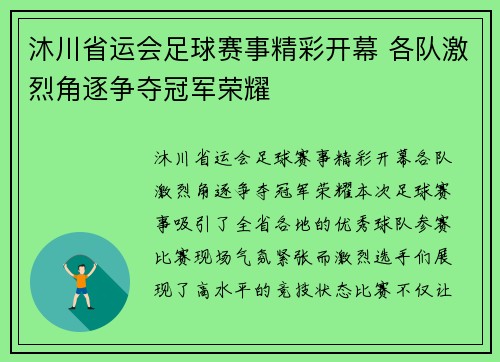 沐川省运会足球赛事精彩开幕 各队激烈角逐争夺冠军荣耀