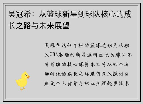 吴冠希：从篮球新星到球队核心的成长之路与未来展望