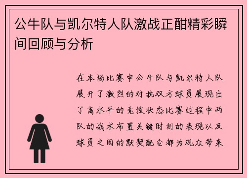 公牛队与凯尔特人队激战正酣精彩瞬间回顾与分析
