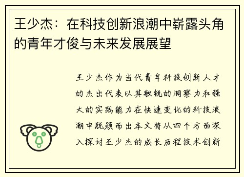 王少杰：在科技创新浪潮中崭露头角的青年才俊与未来发展展望