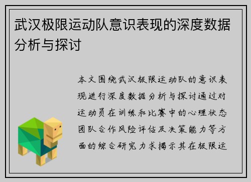 武汉极限运动队意识表现的深度数据分析与探讨