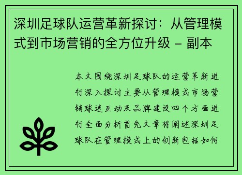 深圳足球队运营革新探讨：从管理模式到市场营销的全方位升级 - 副本
